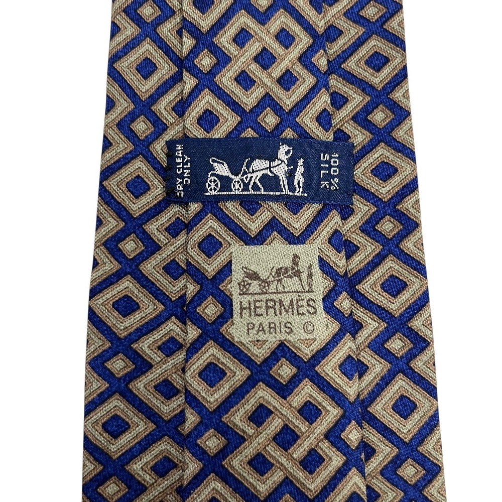 Hermes Men's Tie Geometric Navy Blue & Olive Green Silk 7656 TA 3.5" (W) 58" (L)